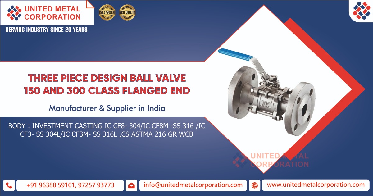 Three Piece Design Ball Valve 150 And 300 Class Flanged End Manufacturer in India